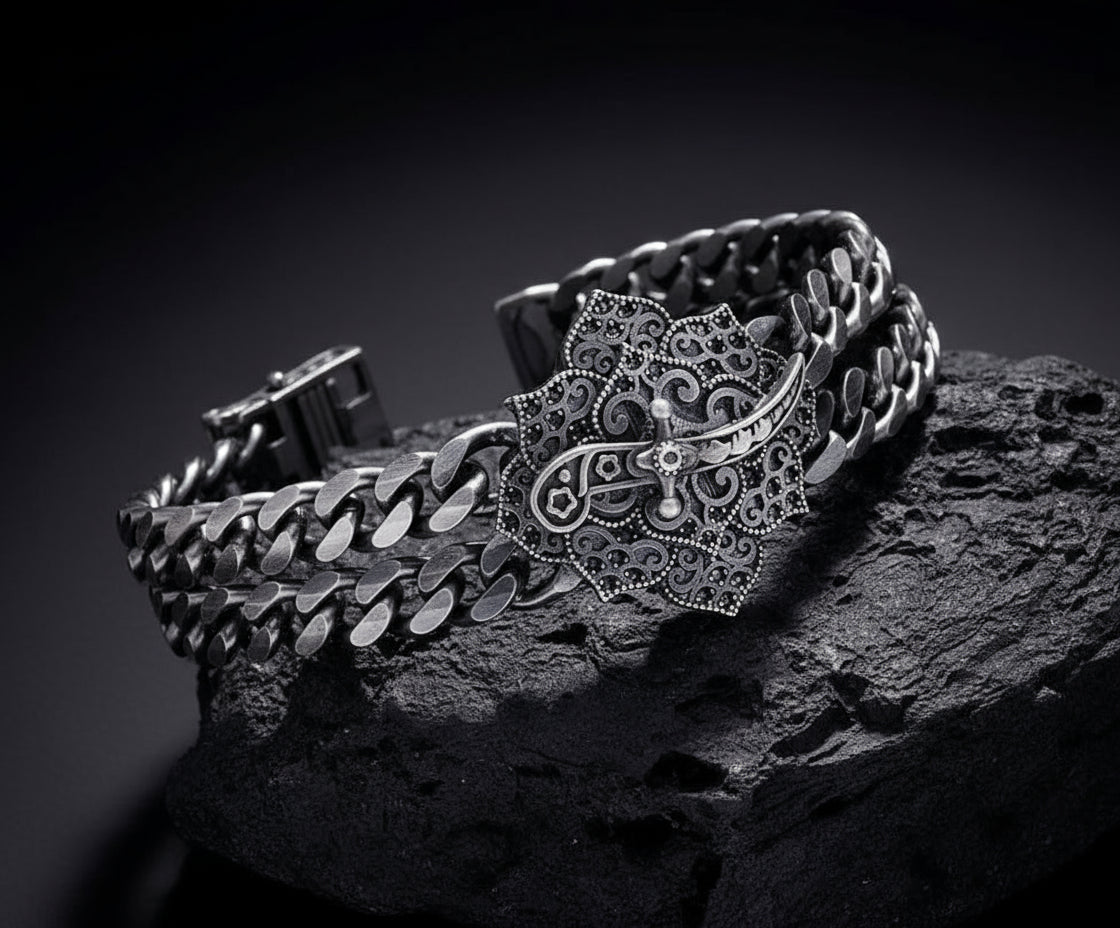 RARE PRINCE by CARAT SUTRA | Double Sided 20mm Wide Solid Oxidised Cuban Link Bracelet with Artistic Sword | Antique Finish 925 Sterling Silver Bracelet | Men's Jewelry | With Certificate of Authenticity and 925 Hallmark