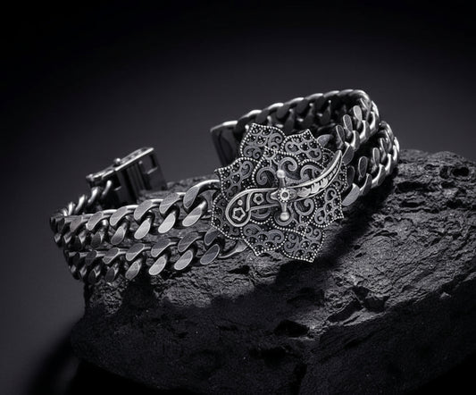 RARE PRINCE by CARAT SUTRA | Double Sided 20mm Wide Solid Oxidised Cuban Link Bracelet with Artistic Sword | Antique Finish 925 Sterling Silver Bracelet | Men's Jewelry | With Certificate of Authenticity and 925 Hallmark