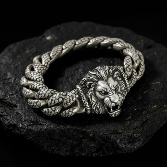 18mm wide Solid. 925 sterling silver bracelet with Ferocious Lion Face, oxidized Cuban design | Sterling Silver Bracelet | With Certificate of Authenticity and 925 Hallmark