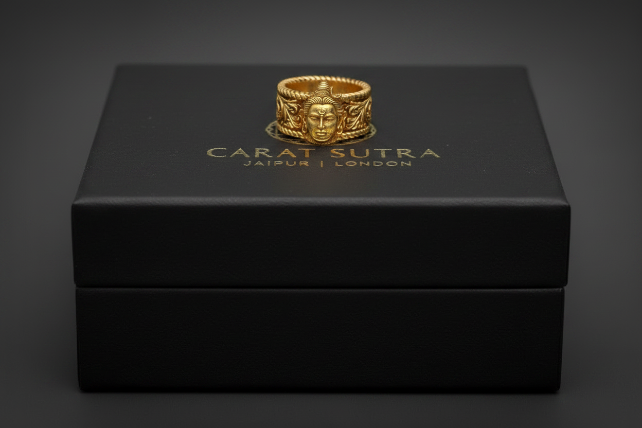 22k Micron Gold Plated, Unique Designed Solid 3D Shiva Face Band Ring | 925 Sterling Silver | With Certificate of Authenticity and 925 Hallmark