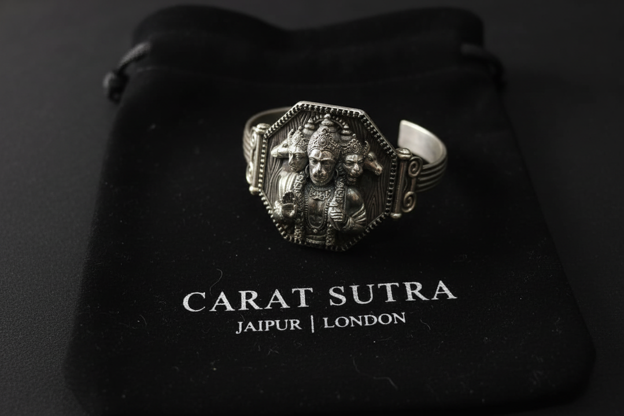 Brush & Matt Finish Panchmukhi Hanuman Adjustable Cuff Style Bangle/kadaa/Handcuff | 925 Sterling Silver Bracelet | With Certificate of Authenticity and 925 Hallmark - caratsutra