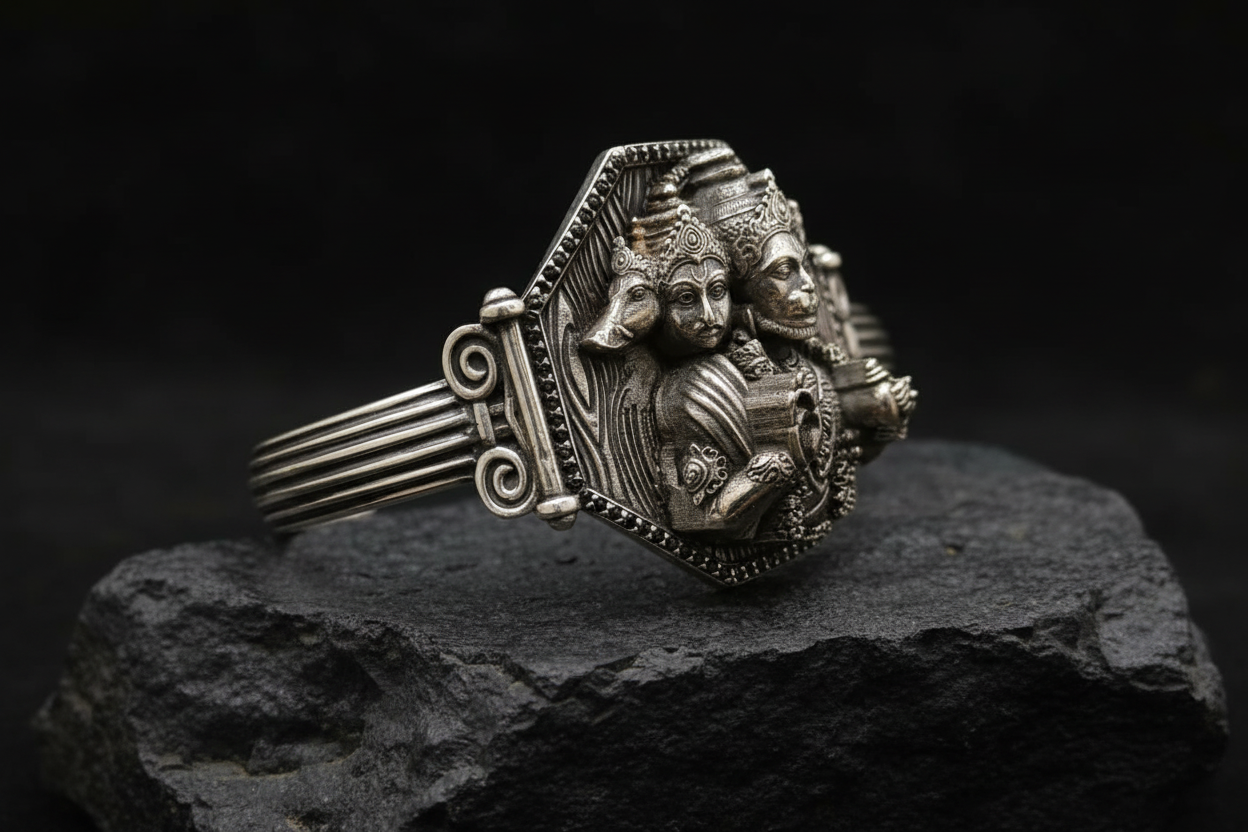 Brush & Matt Finish Panchmukhi Hanuman Adjustable Cuff Style Bangle/kadaa/Handcuff | 925 Sterling Silver Bracelet | With Certificate of Authenticity and 925 Hallmark - caratsutra