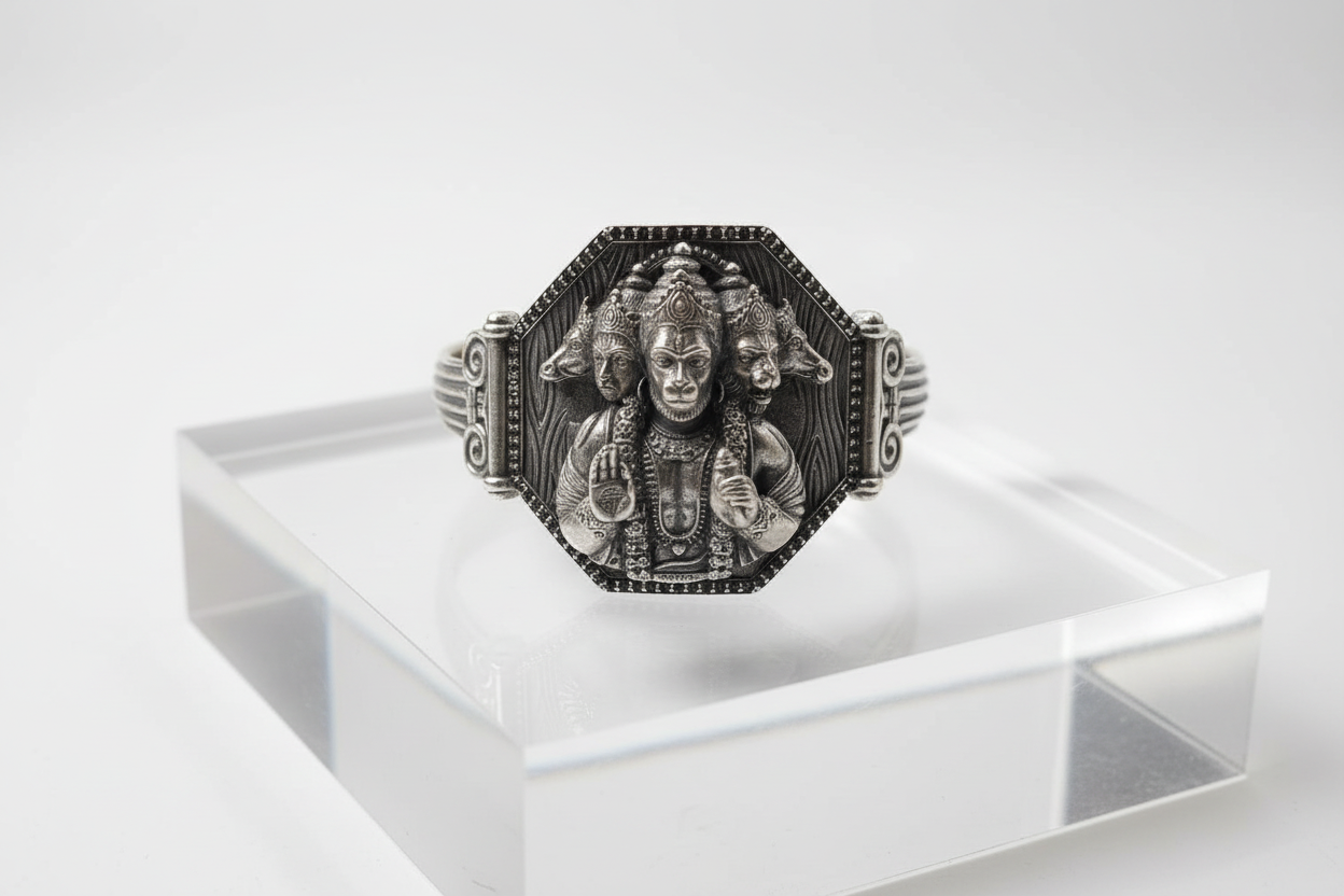 Brush & Matt Finish Panchmukhi Hanuman Adjustable Cuff Style Bangle/kadaa/Handcuff | 925 Sterling Silver Bracelet | With Certificate of Authenticity and 925 Hallmark - caratsutra