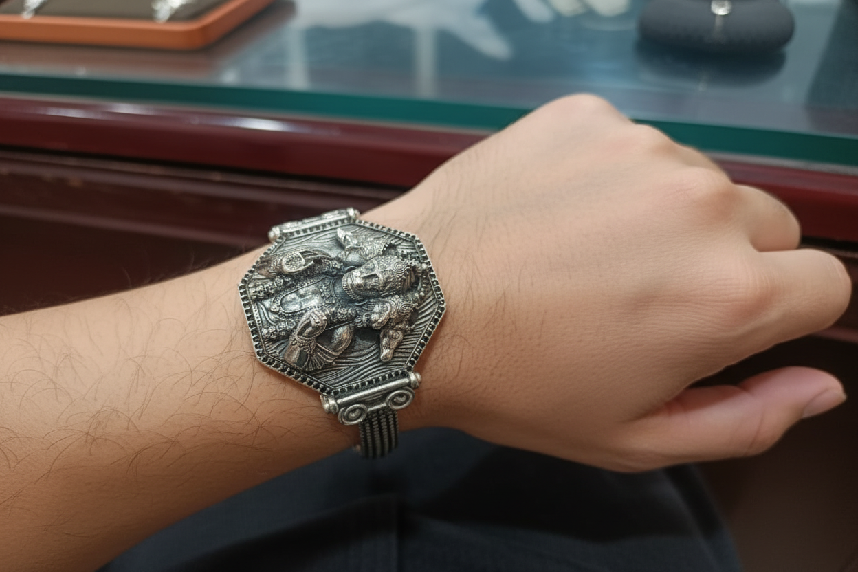 Brush & Matt Finish Panchmukhi Hanuman Adjustable Cuff Style Bangle/kadaa/Handcuff | 925 Sterling Silver Bracelet | With Certificate of Authenticity and 925 Hallmark - caratsutra