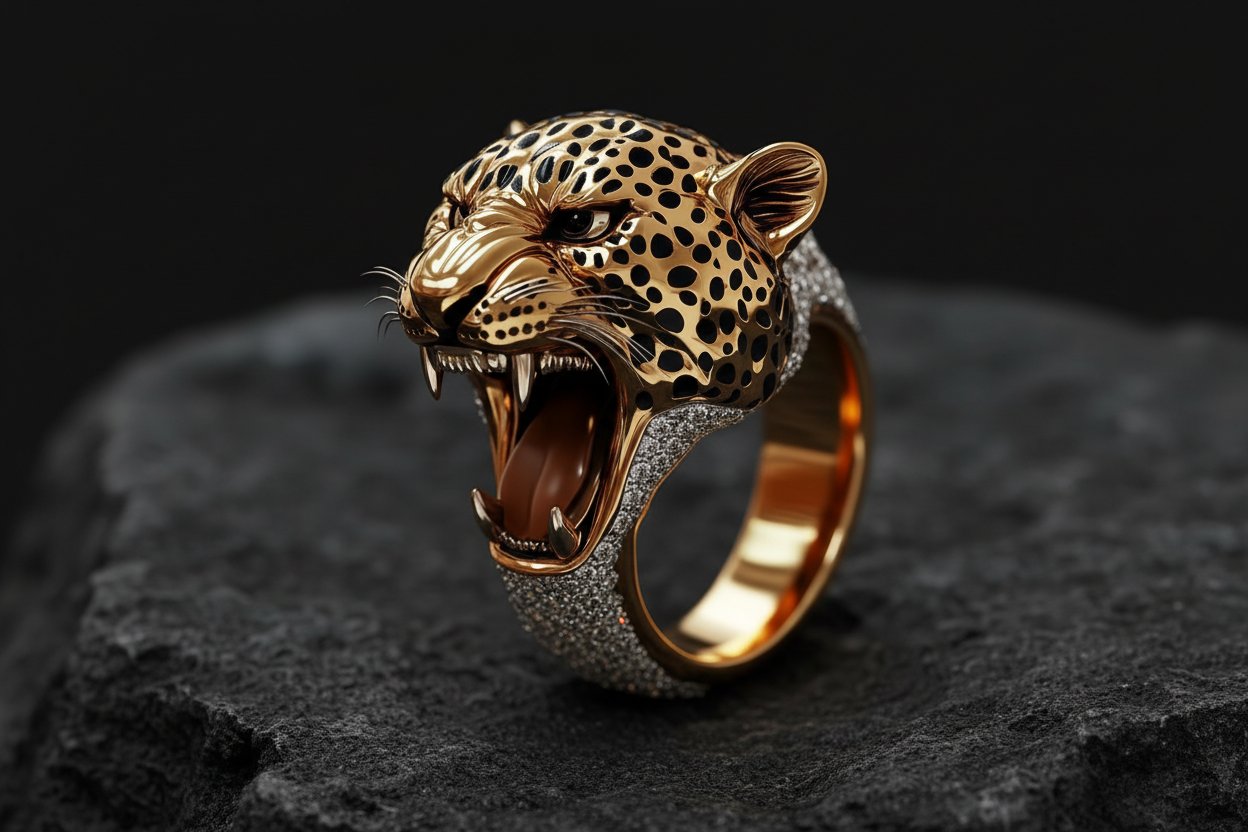 Unique Designed 22k Gold Plated 3D Tiger face Ring with white Swarovski | 925 Sterling Silver Oxidized Ring | With Certificate of Authenticity and 925 Hallmark - caratsutra