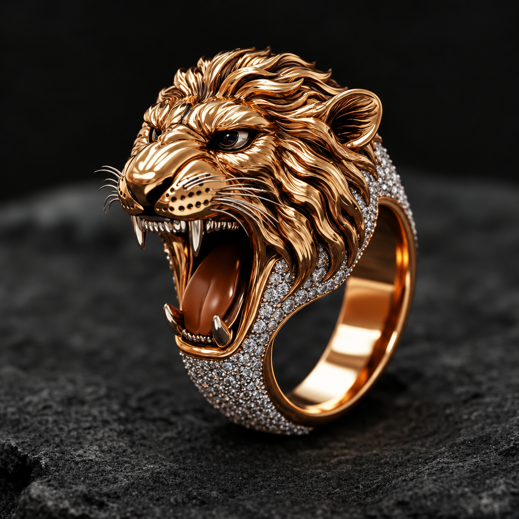 Unique Designed 22k Gold Plated 3D Lion face Ring with white Swarovski | 925 Sterling Silver Oxidized Ring