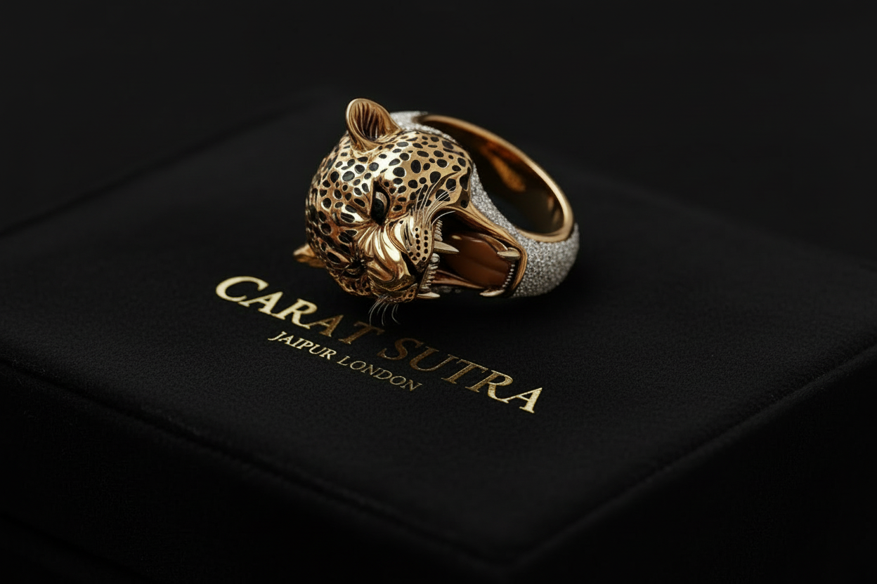 Unique Designed 22k Gold Plated 3D Tiger face Ring with white Swarovski | 925 Sterling Silver Oxidized Ring | With Certificate of Authenticity and 925 Hallmark - caratsutra