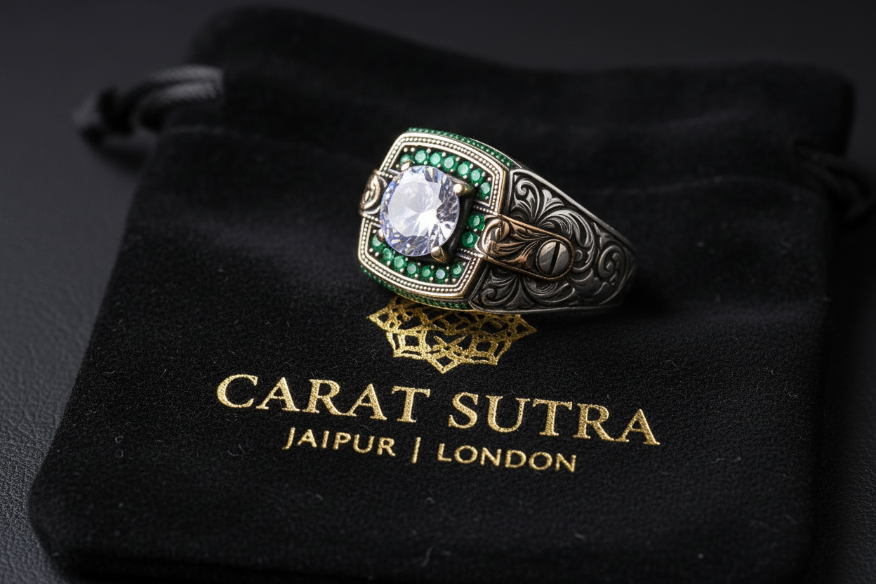 Unique Designed Turkish Style Ring with White Zirconia surrounded by Emeralds | 925 Sterling Silver Oxidized Ring | Men's Jewelry | With Certificate of Authenticity and 925 Hallmark - caratsutra