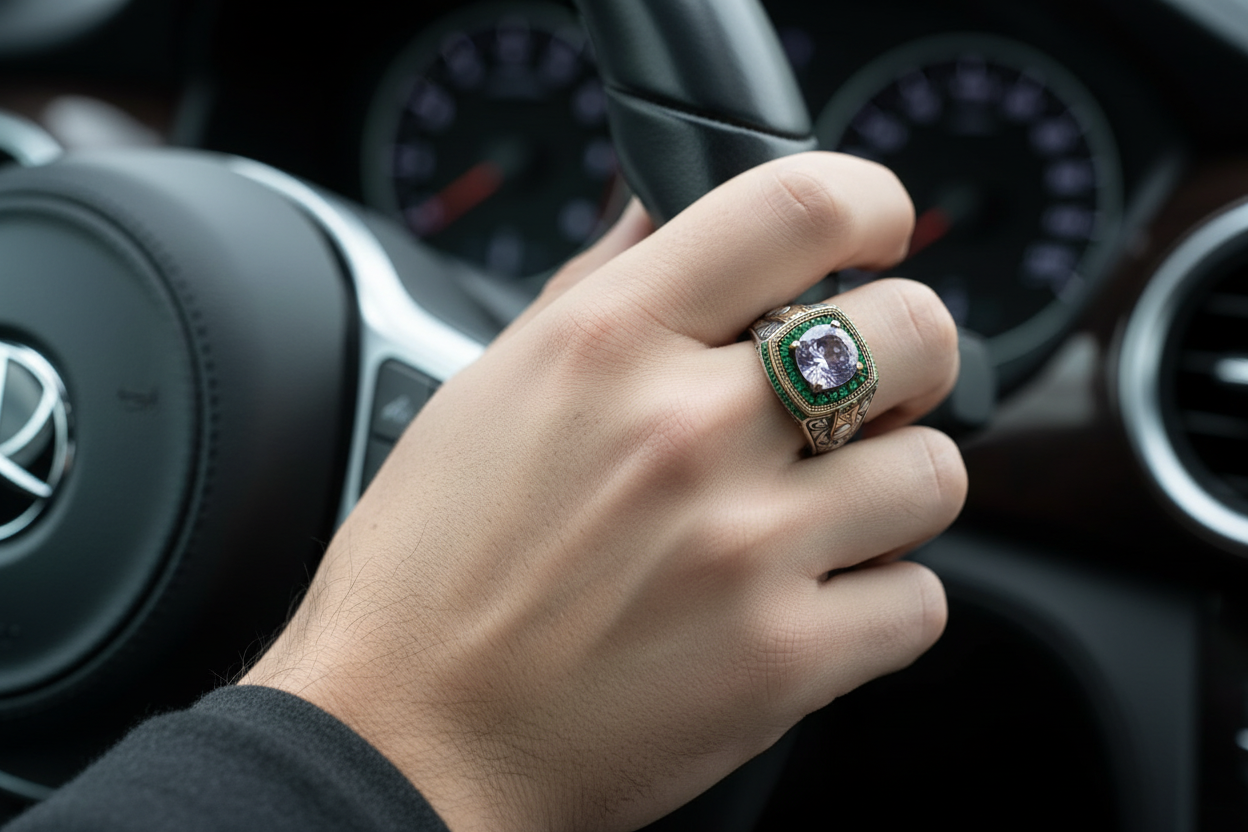 Unique Designed Turkish Style Ring with White Zirconia surrounded by Emeralds | 925 Sterling Silver Oxidized Ring | Men's Jewelry | With Certificate of Authenticity and 925 Hallmark - caratsutra