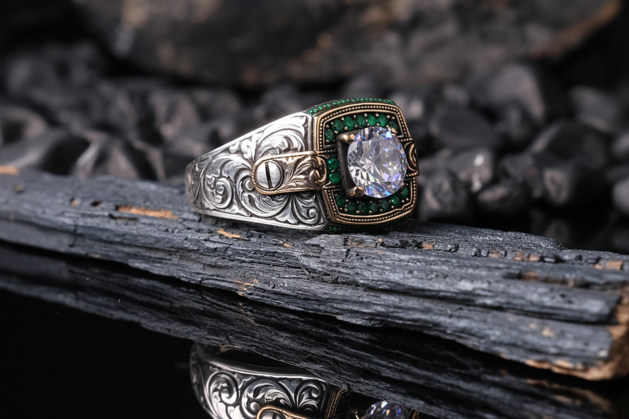 Unique Designed Turkish Style Ring with White Zirconia surrounded by Emeralds | 925 Sterling Silver Oxidized Ring | Men's Jewelry | With Certificate of Authenticity and 925 Hallmark - caratsutra