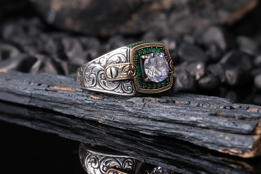 Unique Designed Turkish Style Ring with White Zirconia surrounded by Emeralds | 925 Sterling Silver Oxidized Ring | Men's Jewelry | With Certificate of Authenticity and 925 Hallmark - caratsutra