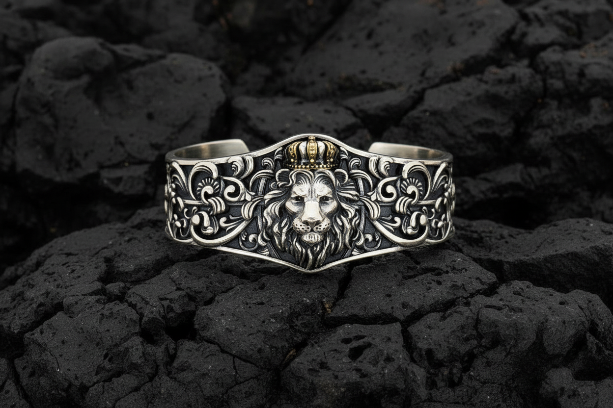 Unique 925 Silver Oxidized Lion Kada / Cuff Bracelet | Bracelet for Men | 925 Sterling Silver Cuff | Men's Jewelry | With Certificate of Authenticity and 925 Hallmark (Copy) - caratsutra