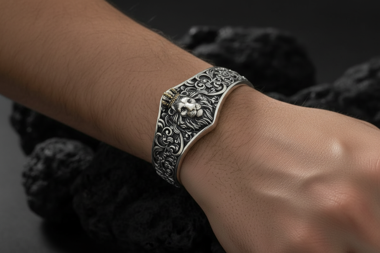 Unique 925 Silver Oxidized Lion Kada / Cuff Bracelet | Bracelet for Men | 925 Sterling Silver Cuff | Men's Jewelry | With Certificate of Authenticity and 925 Hallmark (Copy) - caratsutra