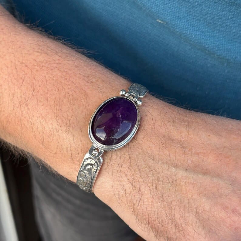 Hand-Engraved Bracelet Cuff with 30 Ct Natural Amethyst Stone | 925 Sterling Silver Bracelet | With Certificate of Authenticity and 925 Hallmark - caratsutra