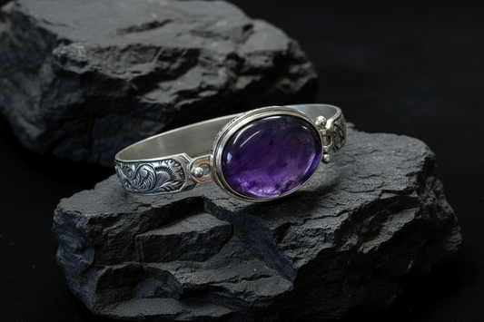 Hand-Engraved Bracelet Cuff with 30 Ct Natural Amethyst Stone | 925 Sterling Silver Bracelet | With Certificate of Authenticity and 925 Hallmark - caratsutra