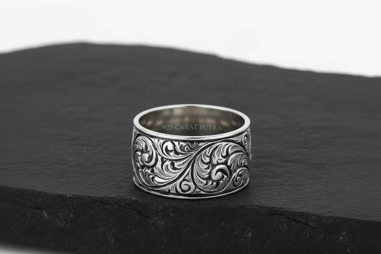 10mm wide Hand-Engraved Premium Classic Band Ring, Oxidized Sterling Silver 925 Ring |With Certificate of Authenticity and 925 Hallmark - caratsutra