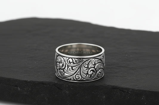 10mm wide Hand-Engraved Premium Classic Band Ring, Oxidized Sterling Silver 925 Ring |With Certificate of Authenticity and 925 Hallmark - caratsutra