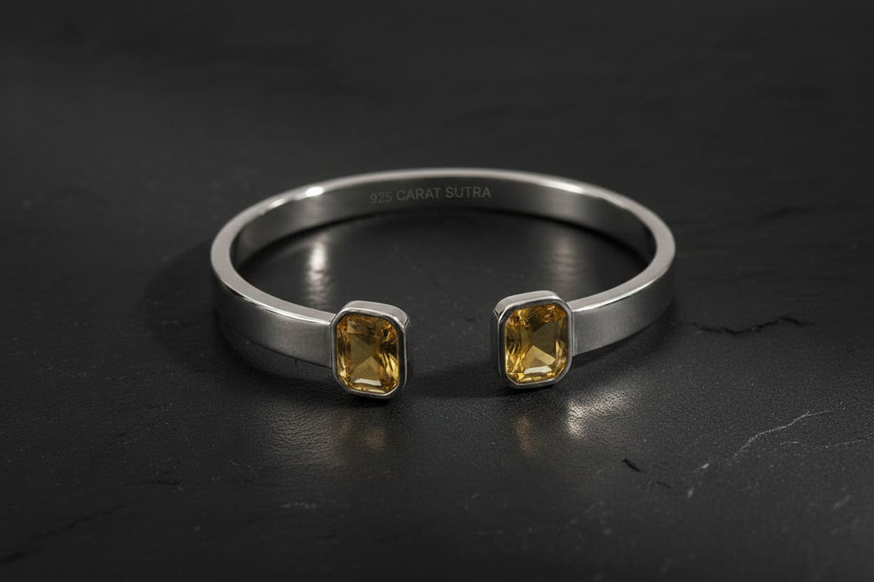 Natural Citrine Stone Adjustable Cuff Style Bangle/kadaa | 925 Sterling Silver Bracelet | With Certificate of Authenticity and 925 Hallmark