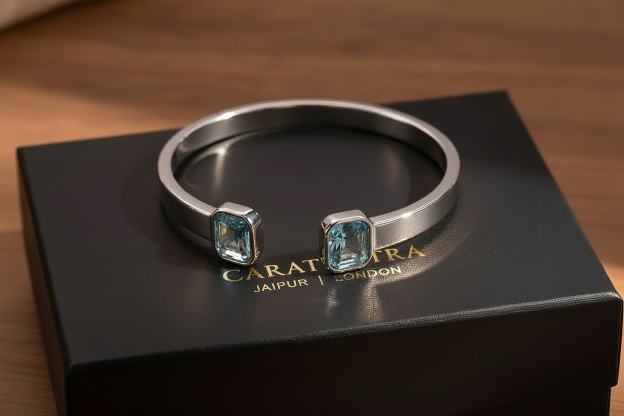Aquamarine Stone Adjustable Cuff Style Bangle/kadaa | 925 Sterling Silver Bracelet | With Certificate of Authenticity and 925 Hallmark - caratsutra