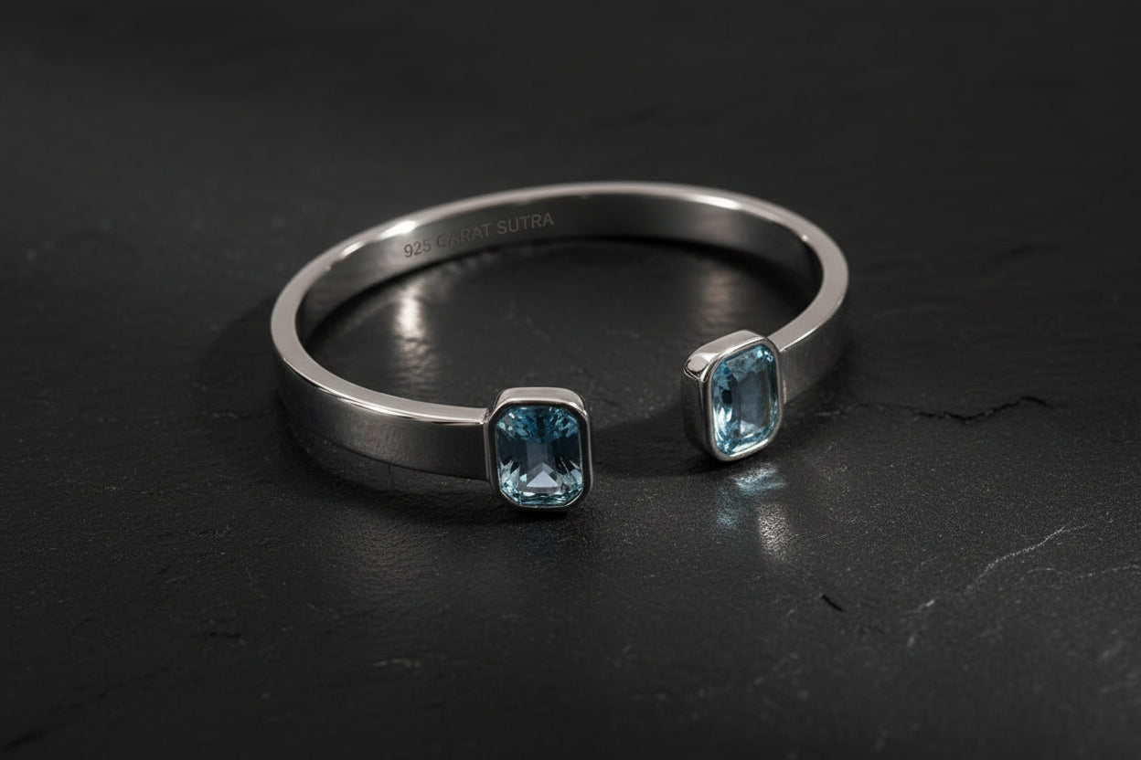 Aquamarine Stone Adjustable Cuff Style Bangle/kadaa | 925 Sterling Silver Bracelet | With Certificate of Authenticity and 925 Hallmark - caratsutra