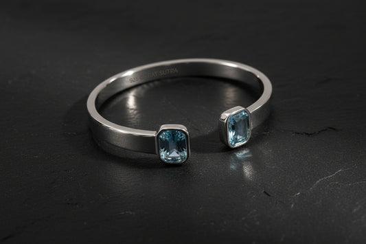 Aquamarine Stone Adjustable Cuff Style Bangle/kadaa | 925 Sterling Silver Bracelet | With Certificate of Authenticity and 925 Hallmark - caratsutra