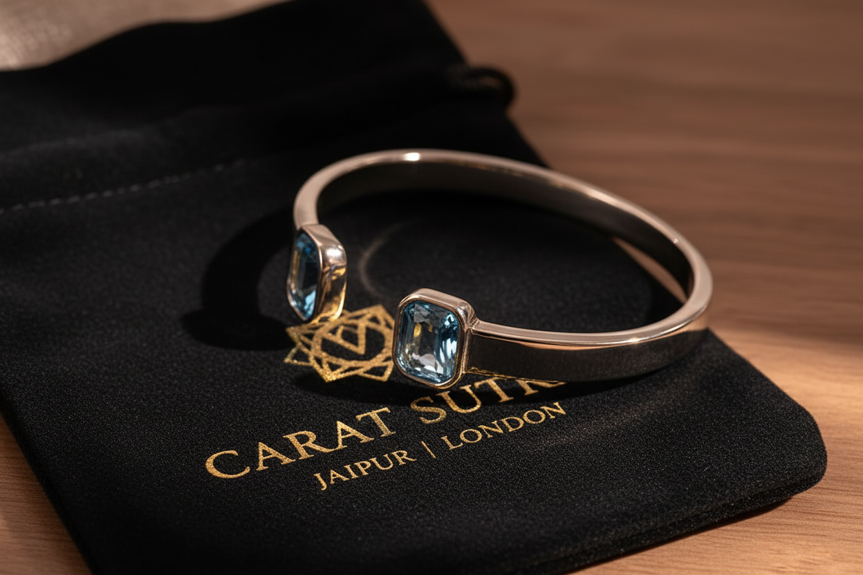 Aquamarine Stone Adjustable Cuff Style Bangle/kadaa | 925 Sterling Silver Bracelet | With Certificate of Authenticity and 925 Hallmark - caratsutra