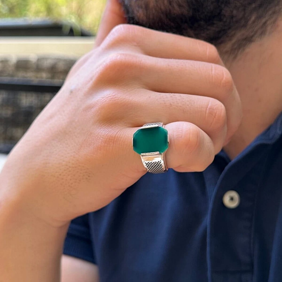 RARE PRINCE by CARAT SUTRA | Unique Designed Turkish Style Ring with Natural Green Onyx | 925 Sterling Silver Oxidized Ring | Men's Jewelry | With Certificate of Authenticity and 925 Hallmark - caratsutra