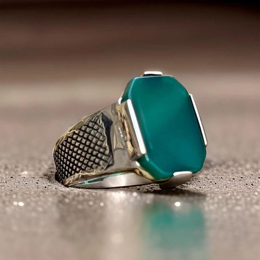 RARE PRINCE by CARAT SUTRA | Unique Designed Turkish Style Ring with Natural Green Onyx | 925 Sterling Silver Oxidized Ring | Men's Jewelry | With Certificate of Authenticity and 925 Hallmark - caratsutra
