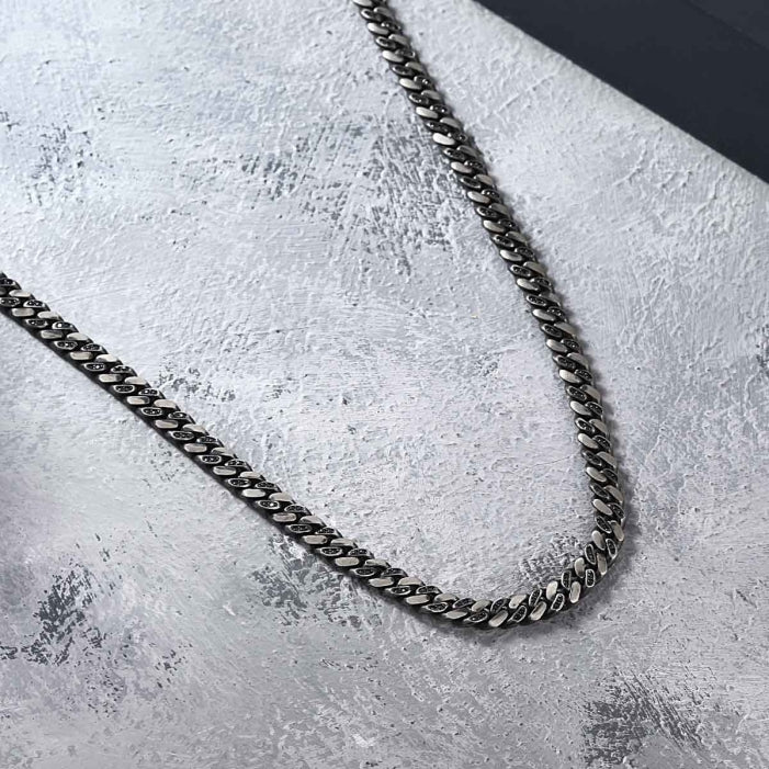 10mm Wide Oxidised Solid Miami Cuban Link Chain Studded With Black Zirconia Stone | 925 Sterling Silver Chain | Men's Jewelry | With Certificate of Authenticity and 925 Hallmark - caratsutra