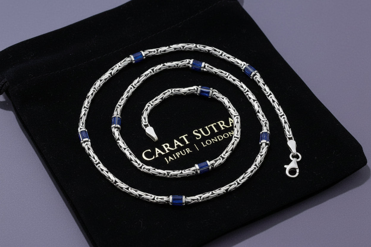 Solid 4mm Byzantine Link Chain, studded with Blue Zircon baguette cut | 925 Sterling Silver Chain | With Certificate of Authenticity and 925 Hallmark - caratsutra