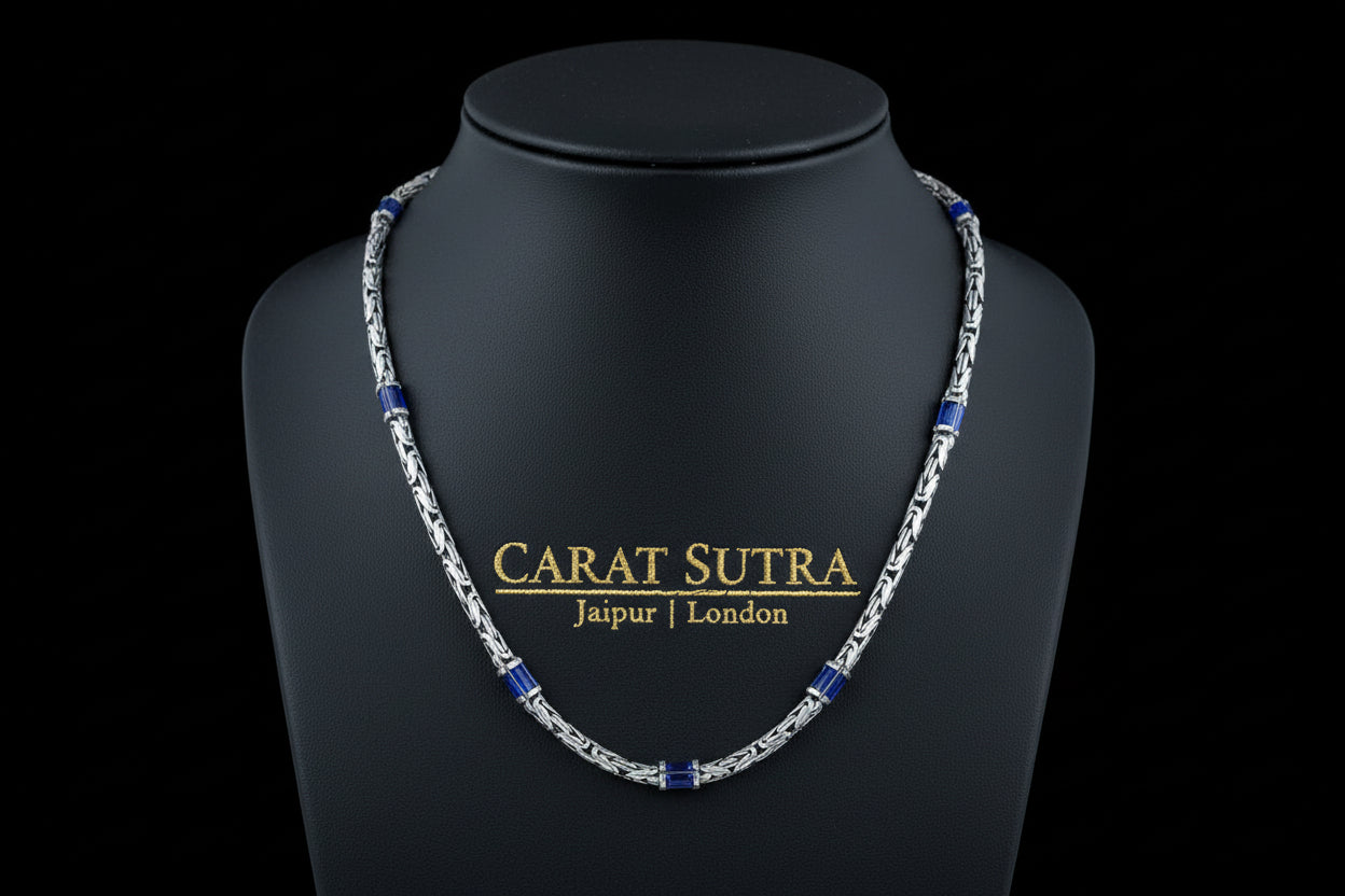 Solid 6mm Byzantine Link Chain, studded with Blue Zircon baguette cut | 925 Sterling Silver Chain | With Certificate of Authenticity and 925 Hallmark - caratsutra