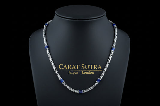 Solid 6mm Byzantine Link Chain, studded with Blue Zircon baguette cut | 925 Sterling Silver Chain | With Certificate of Authenticity and 925 Hallmark - caratsutra