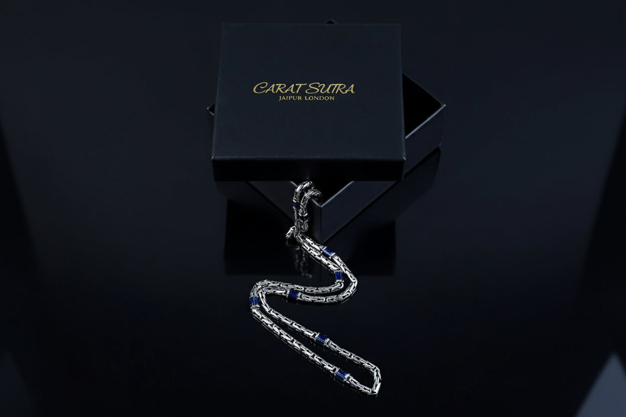 Solid 6mm Byzantine Link Chain, studded with Blue Zircon baguette cut | 925 Sterling Silver Chain | With Certificate of Authenticity and 925 Hallmark - caratsutra