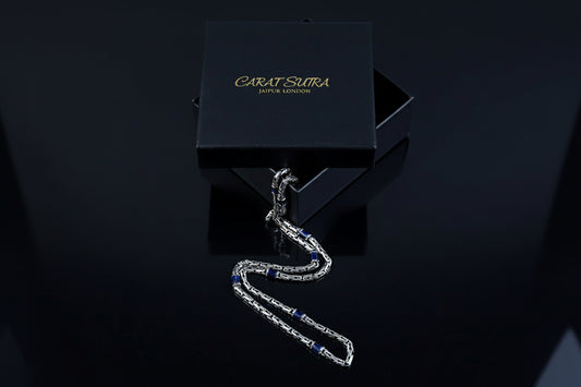 Solid 6mm Byzantine Link Chain, studded with Blue Zircon baguette cut | 925 Sterling Silver Chain | With Certificate of Authenticity and 925 Hallmark - caratsutra