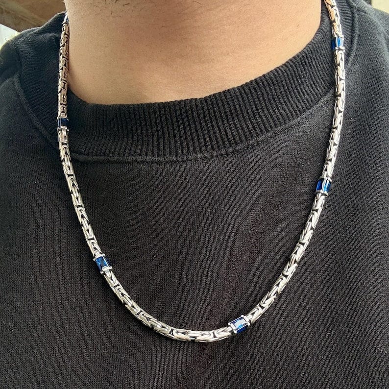 Solid 6mm Byzantine Link Chain, studded with Blue Zircon baguette cut | 925 Sterling Silver Chain | With Certificate of Authenticity and 925 Hallmark - caratsutra