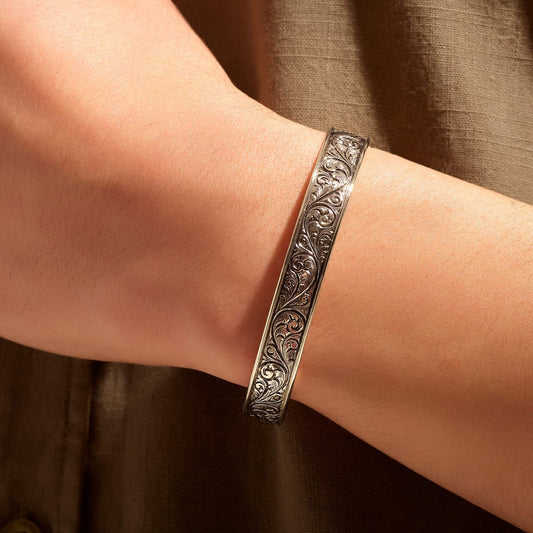 10mm wide adjustable Hand-Engraved Handcuff / Kada Ring, Oxidized Sterling Silver 925 Ring |With Certificate of Authenticity and 925 Hallmark - caratsutra