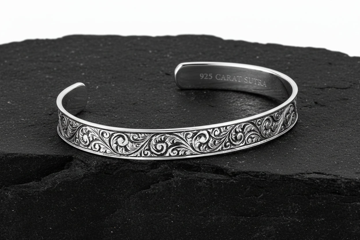 10mm wide adjustable Hand-Engraved Handcuff / Kada Ring, Oxidized Sterling Silver 925 Ring |With Certificate of Authenticity and 925 Hallmark - caratsutra