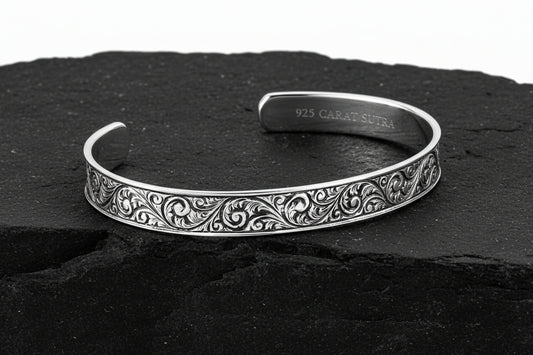 10mm wide adjustable Hand-Engraved Handcuff / Kada Ring, Oxidized Sterling Silver 925 Ring |With Certificate of Authenticity and 925 Hallmark - caratsutra