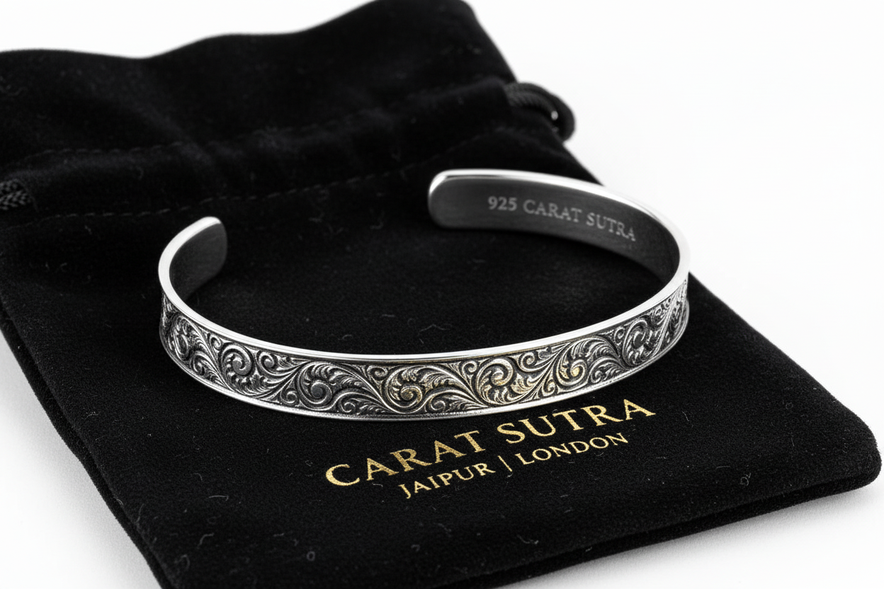 10mm wide adjustable Hand-Engraved Handcuff / Kada Ring, Oxidized Sterling Silver 925 Ring |With Certificate of Authenticity and 925 Hallmark - caratsutra