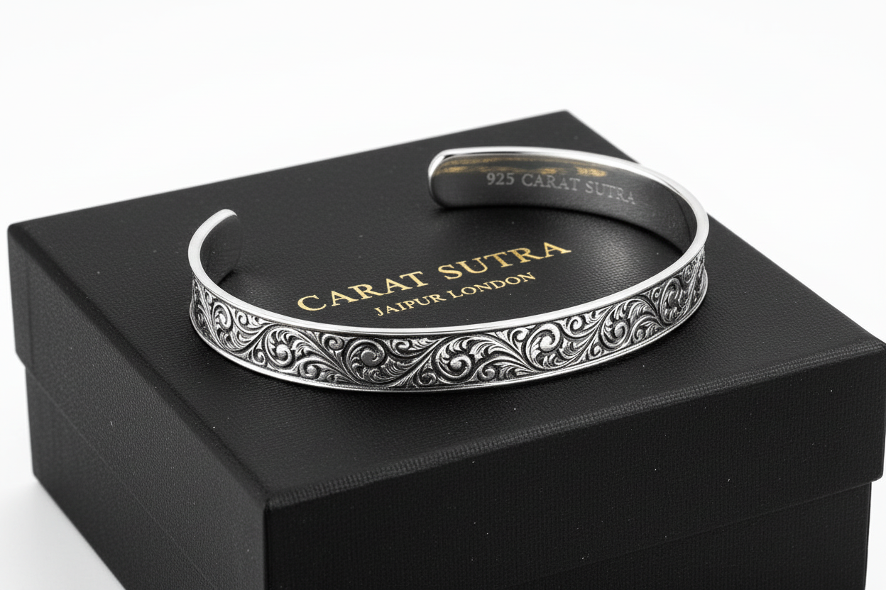 10mm wide adjustable Hand-Engraved Handcuff / Kada Ring, Oxidized Sterling Silver 925 Ring |With Certificate of Authenticity and 925 Hallmark - caratsutra