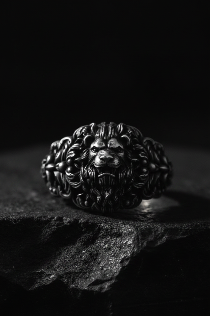 RARE PRINCE by CARAT SUTRA | Unique Designed Lion Head Ring with Royal Fleur De Lis | 925 Sterling Silver Oxidized Ring | Men's Jewelry | With Certificate of Authenticity and 925 Hallmark - caratsutra