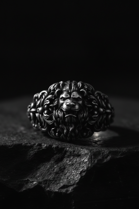 RARE PRINCE by CARAT SUTRA | Unique Designed Lion Head Ring with Royal Fleur De Lis | 925 Sterling Silver Oxidized Ring | Men's Jewelry | With Certificate of Authenticity and 925 Hallmark - caratsutra