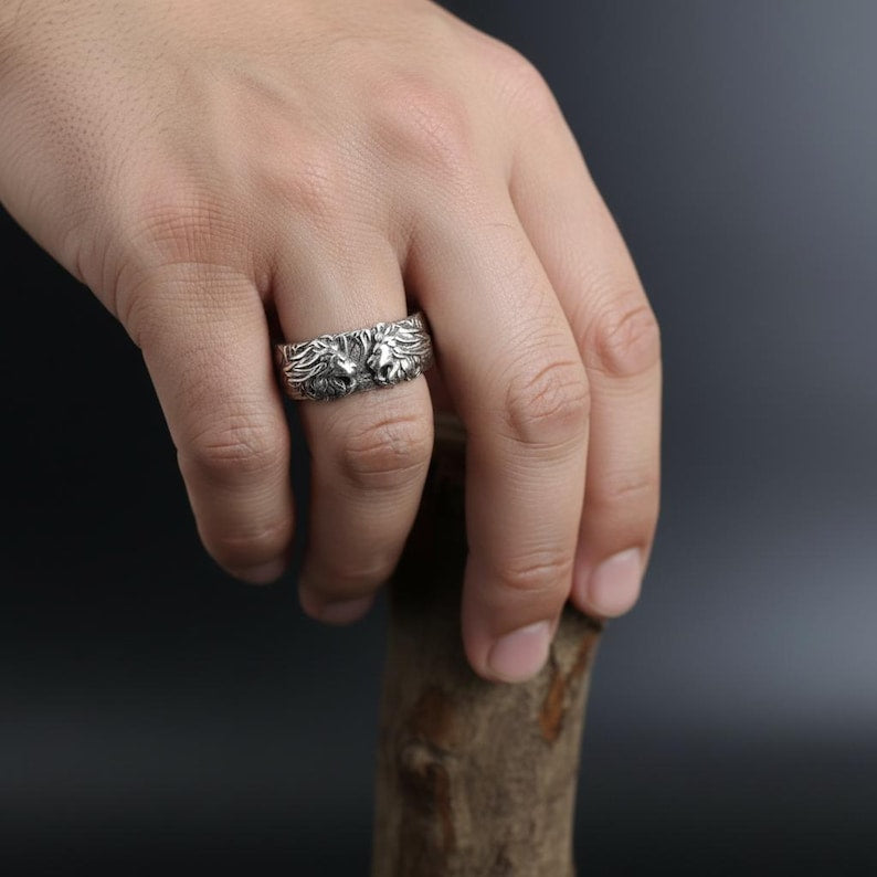 RARE PRINCE by CARAT SUTRA | Unique Designed Band Ring with Lion | 925 Sterling Silver Oxidized Ring | Men's Jewelry | With Certificate of Authenticity and 925 Hallmark - caratsutra