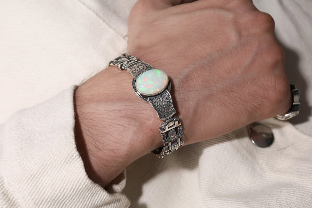 Unique Style 15ct  Natural Australian Opal Bracelet | 925 Sterling Silver Oxidized Bracelet | With Certificate of Authenticity and 925 Hallmark - caratsutra