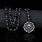 RARE PRINCE by CARAT SUTRA | Unique Silver Balls & Natural Tiger Eye Beaded Chain Necklace with Lion Head | 925 Sterling Silver Oxidized Pendant with Fleur-de-lis Symbol | Men's Jewelry | With Certificate of Authenticity and 925 Hallmark - caratsutra