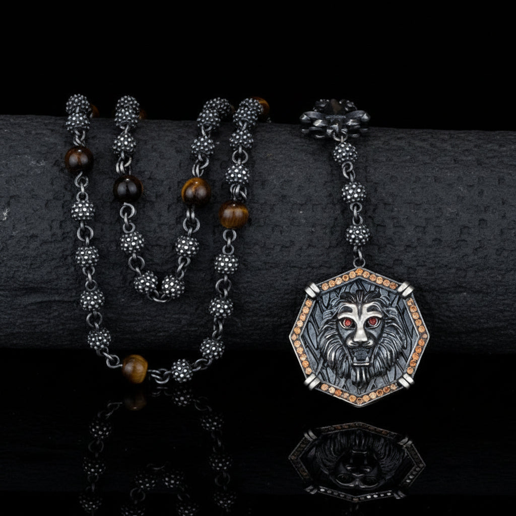 RARE PRINCE by CARAT SUTRA | Unique Silver Balls & Natural Tiger Eye Beaded Chain Necklace with Lion Head | 925 Sterling Silver Oxidized Pendant with Fleur-de-lis Symbol | Men's Jewelry | With Certificate of Authenticity and 925 Hallmark - caratsutra