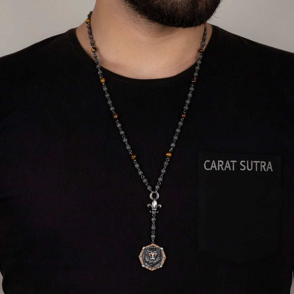 RARE PRINCE by CARAT SUTRA | Unique Silver Balls & Natural Tiger Eye Beaded Chain Necklace with Lion Head | 925 Sterling Silver Oxidized Pendant with Fleur-de-lis Symbol | Men's Jewelry | With Certificate of Authenticity and 925 Hallmark - caratsutra