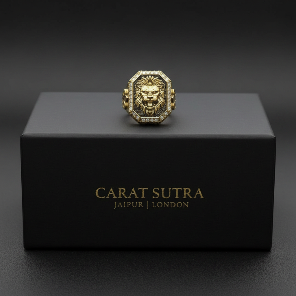 RARE PRINCE by CARAT SUTRA | Unique Design Two Tone Lion Ring with Illuminati/ Evil Eye Symbol | 22kt Gold Micron Plated 925 Sterling Silver Ring | Men's Jewelry | With Certificate of Authenticity and 925 Hallmark - caratsutra