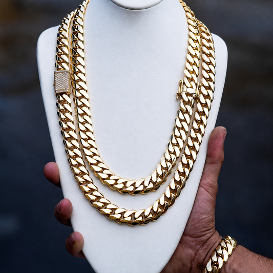 RARE PRINCE by CARAT SUTRA | Solid 16mm Miami Cuban Link Chain with Iced Lock | 22kt Gold Micron Plated on 925 Sterling Silver Chain with AAA+ Quality Swarovski Diamonds | Men's Jewelry