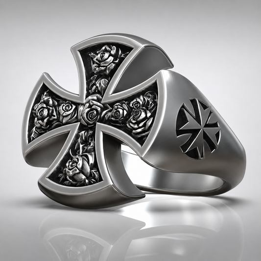 RARE PRINCE by CARAT SUTRA | Unique Designed Cross Ring with Roses | 925 Sterling Silver Oxidized Ring | Men's Jewelry | With Certificate of Authenticity and 925 Hallmark - caratsutra